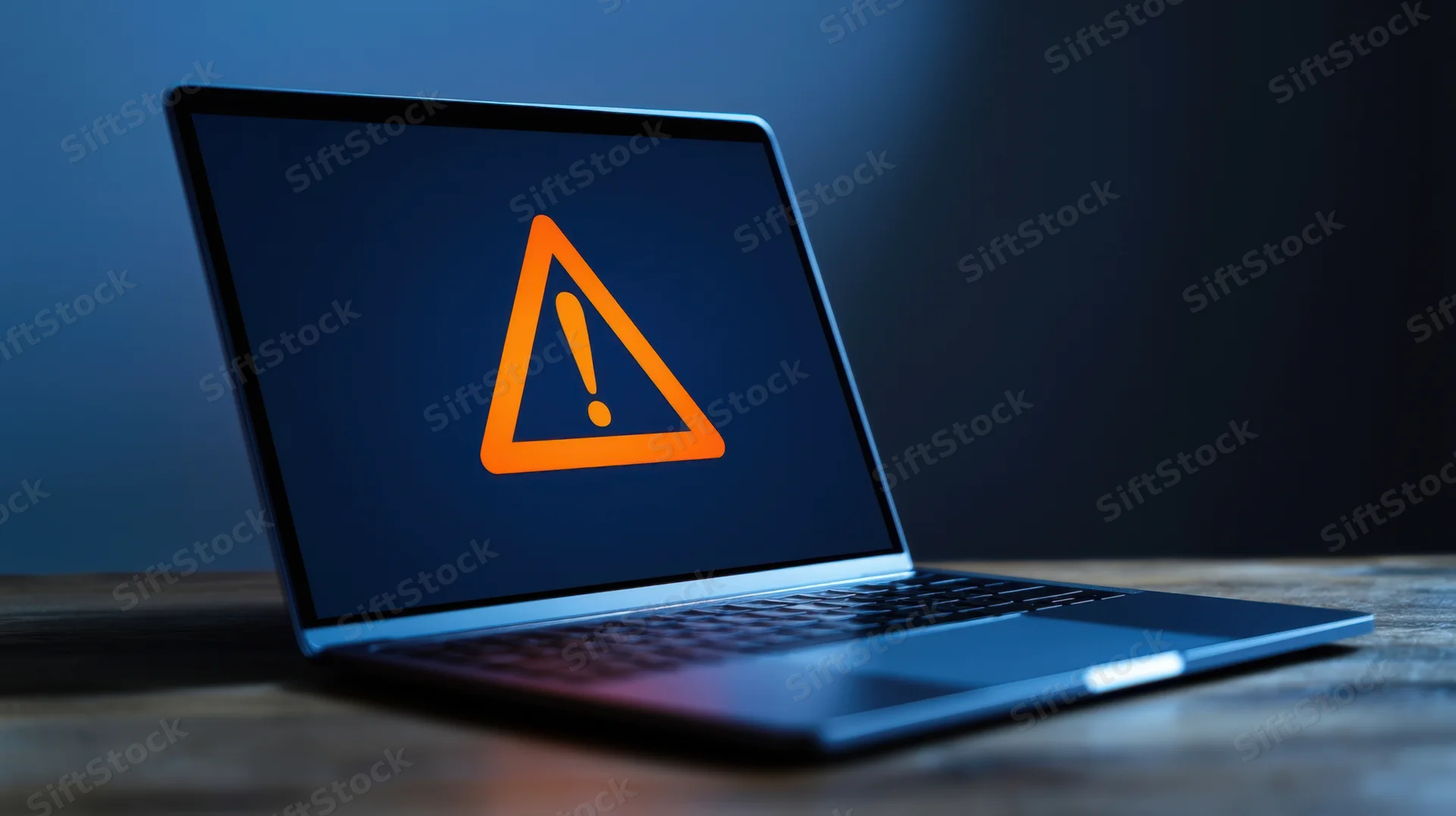 Laptop displaying orange warning triangle on dark screen on wooden desk