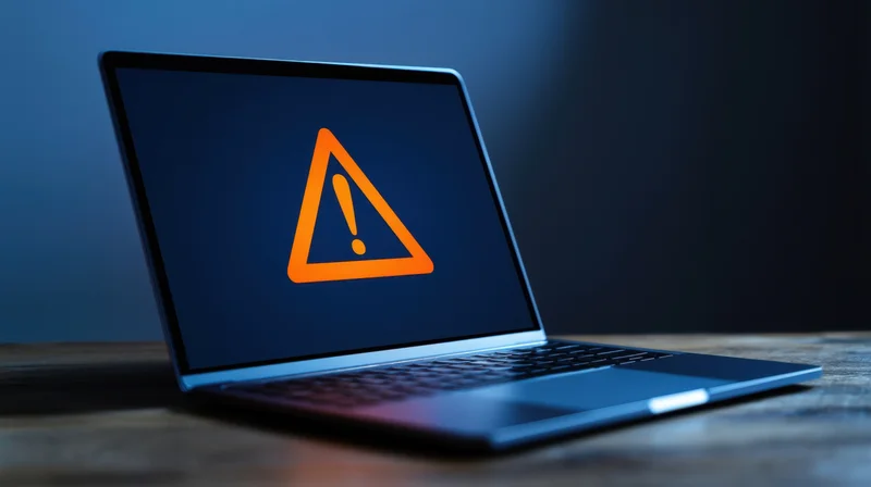Laptop displaying orange warning triangle on dark screen on wooden desk
