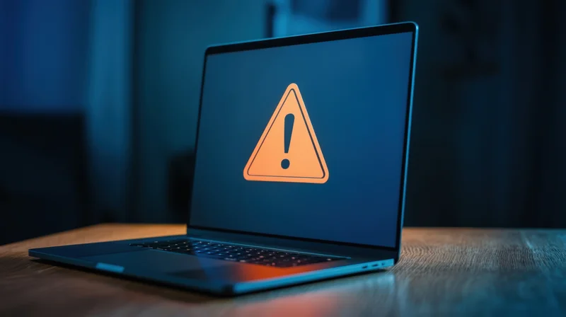 Laptop displaying warning symbol on screen at night on wooden desk