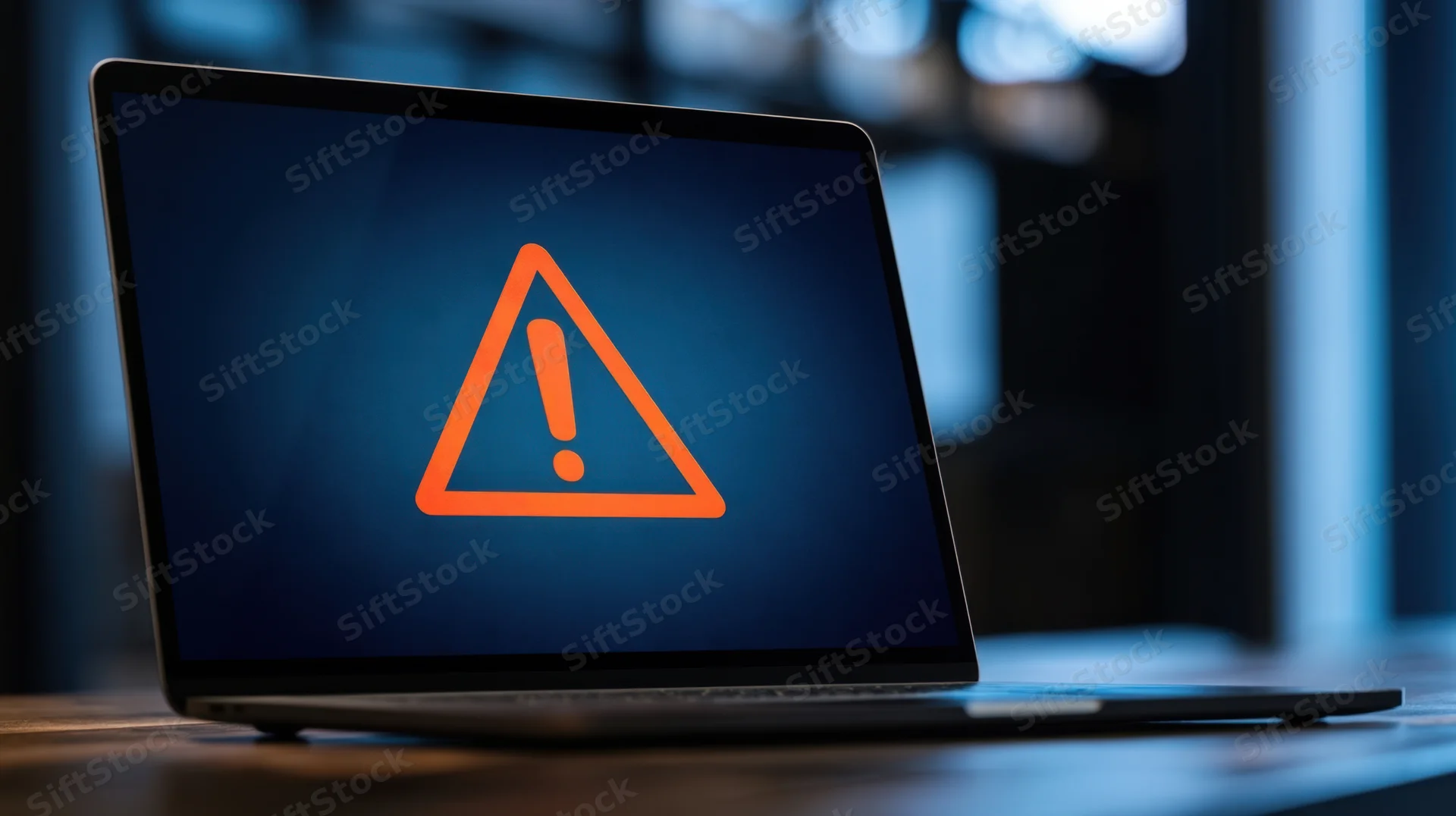 Laptop displaying orange warning triangle on dark screen on wooden desk
