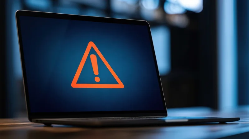 Laptop displaying orange warning triangle on dark screen on wooden desk
