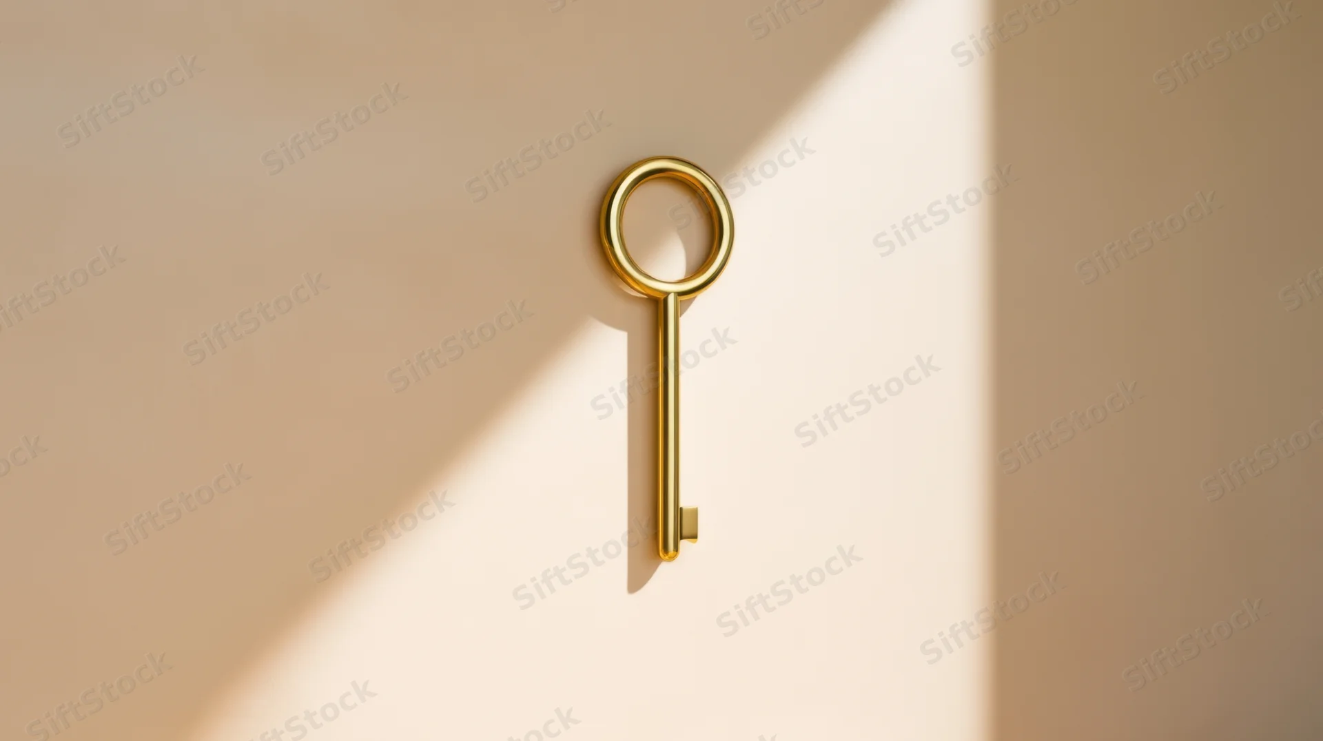 Golden skeleton key resting on a beige wall with sunlight casting a diagonal shadow