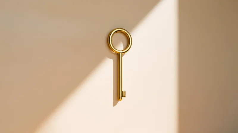 Golden skeleton key resting on a beige wall with sunlight casting a diagonal shadow
