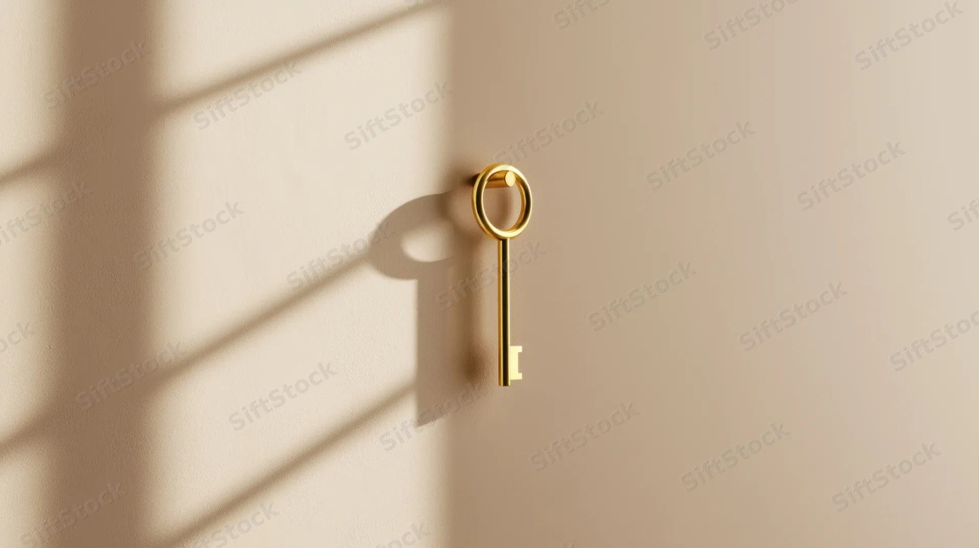 Golden key hanging on a beige wall with sunlight casting shadows
