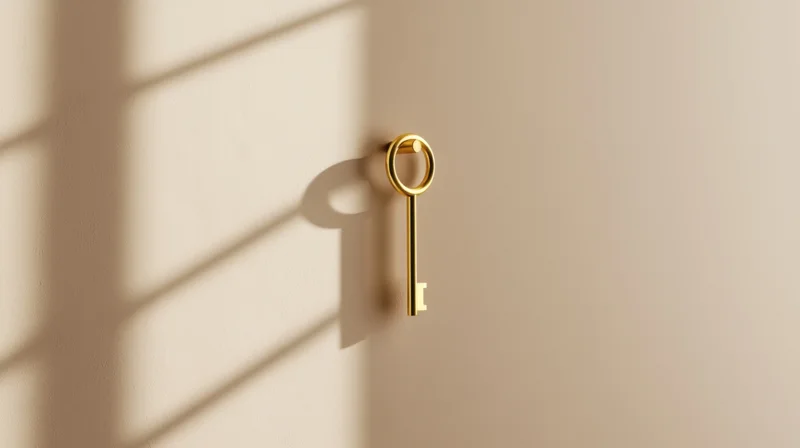 Golden key hanging on a beige wall with sunlight casting shadows