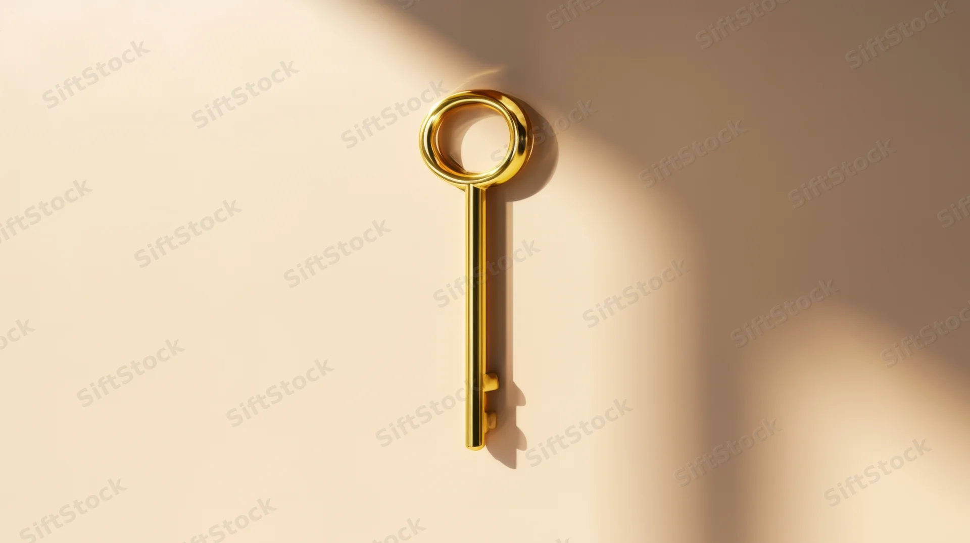 Golden vintage key resting on a beige surface with soft shadows