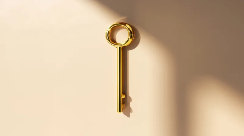 Golden vintage key resting on a beige surface with soft shadows