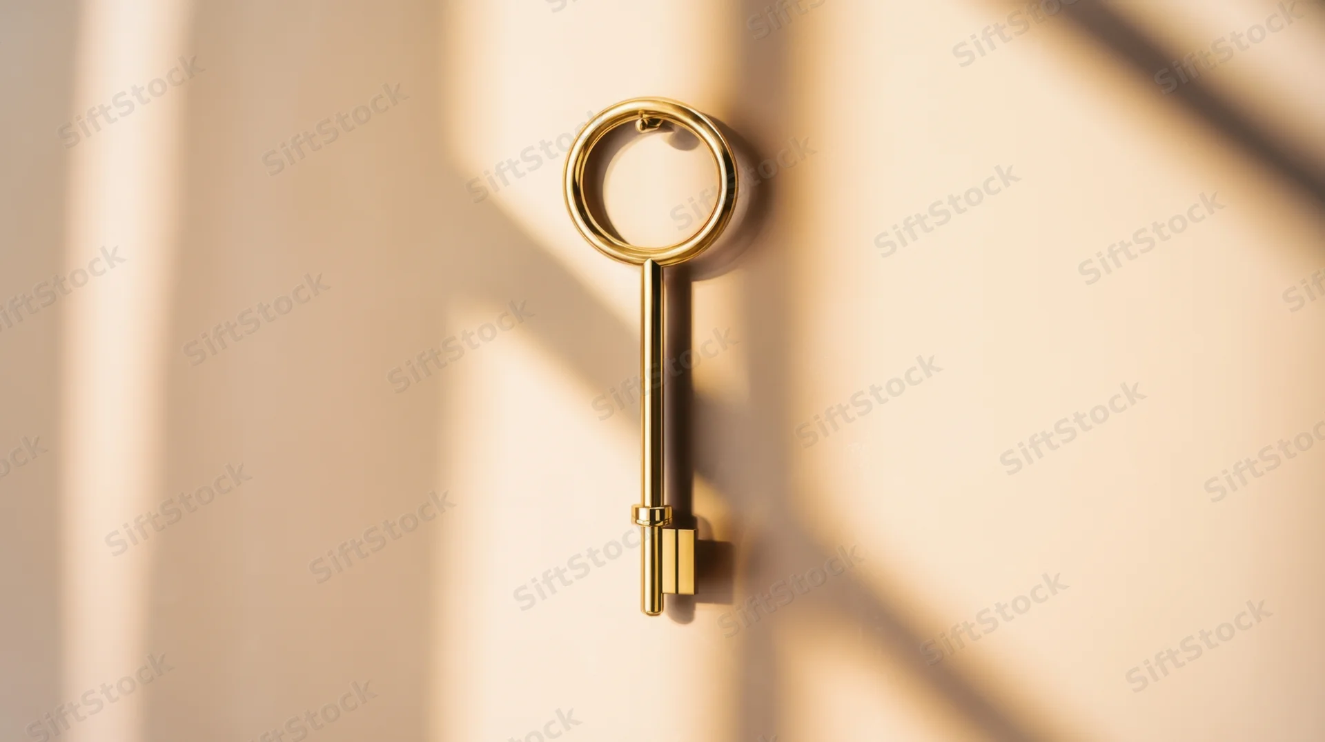 Gold key inserted into a door lock, casting soft shadows on a beige surface