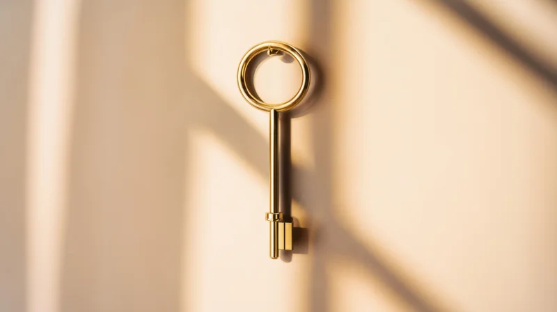 Gold key inserted into a door lock, casting soft shadows on a beige surface