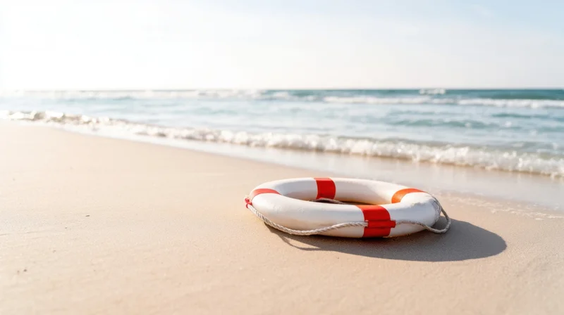 White and red lifebuoy resting on sandy beach near ocean waves