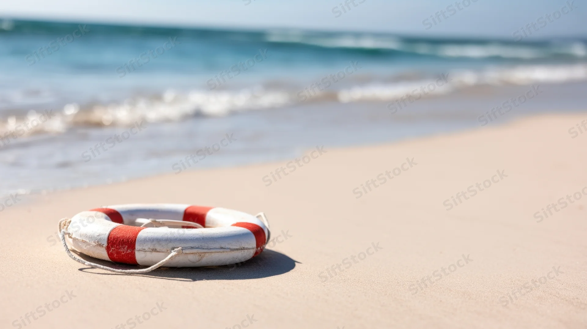 Lifebuoy resting on sandy beach near ocean waves
