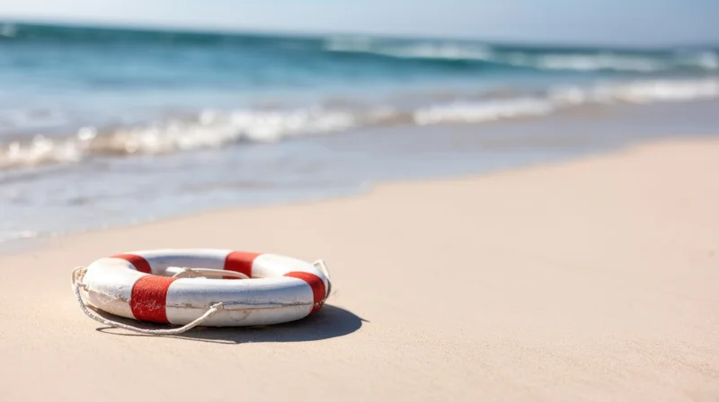 Lifebuoy resting on sandy beach near ocean waves