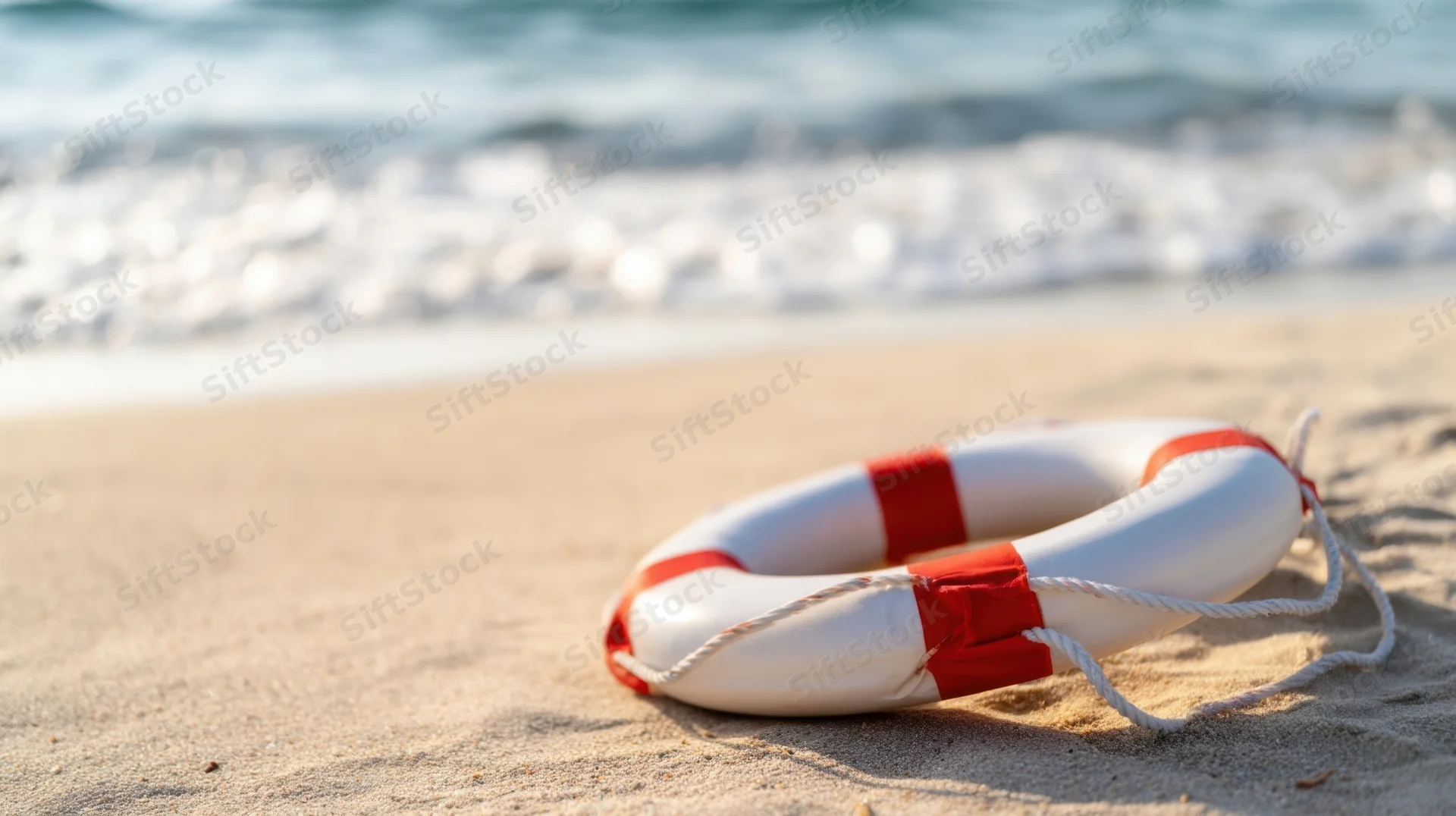 White and red lifebuoy resting on sandy beach near ocean waves