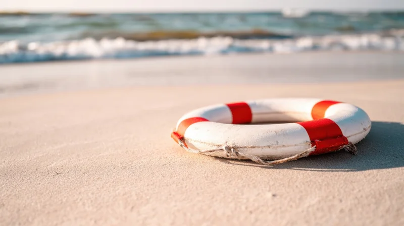 White and red lifebuoy resting on sandy beach near ocean waves
