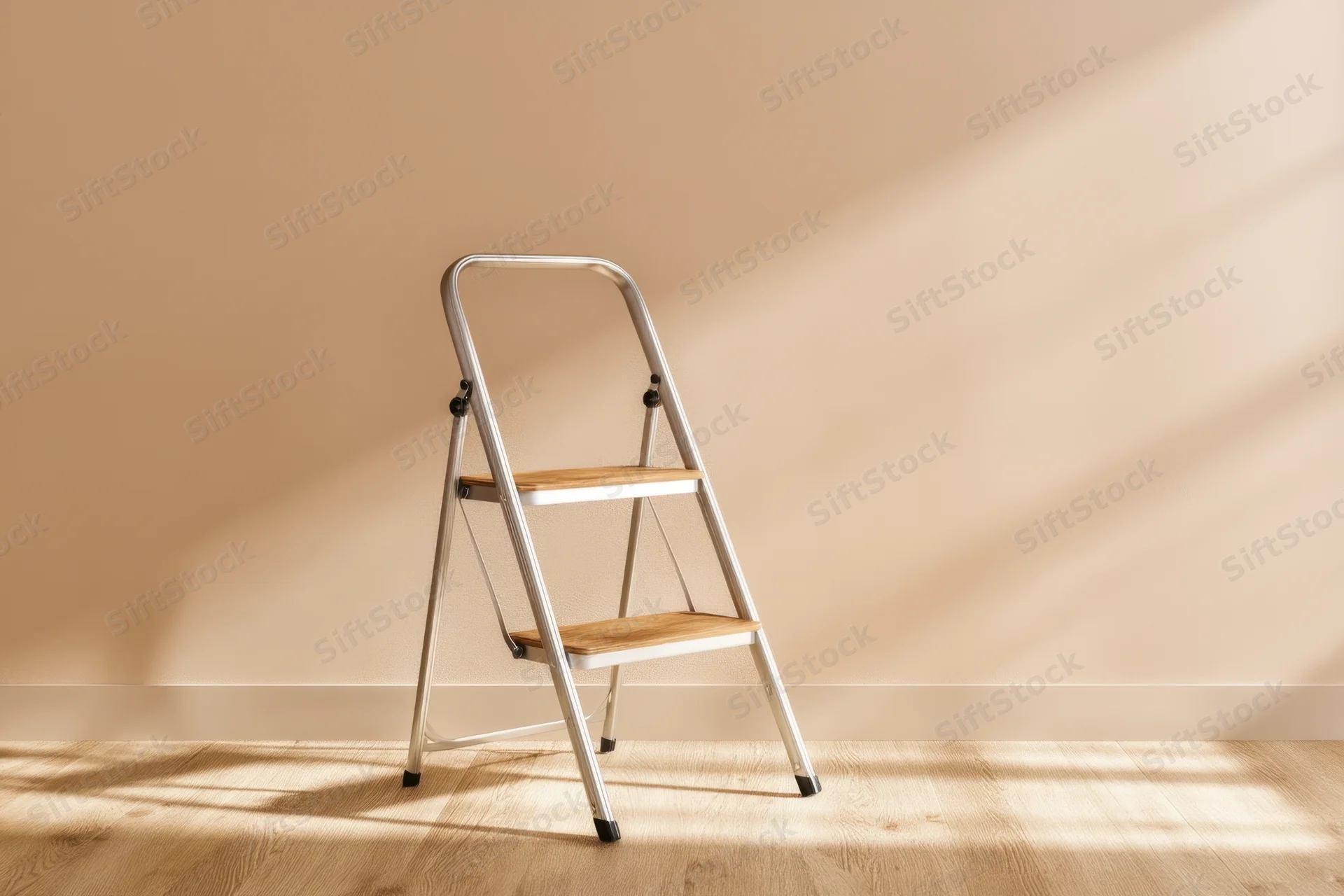 Aluminum and wood stepstool standing against a beige wall in a sunlit room