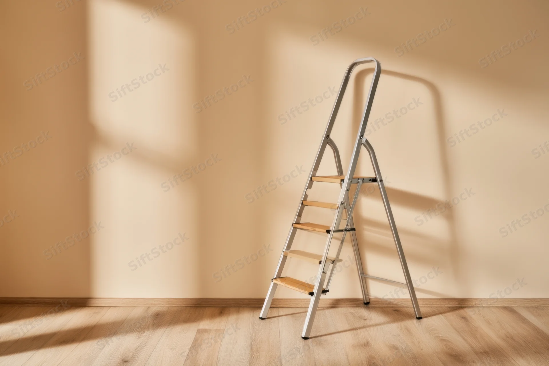 Folding ladder with wooden steps standing in an empty room with sunlight casting shadows on beige walls and wooden floor
