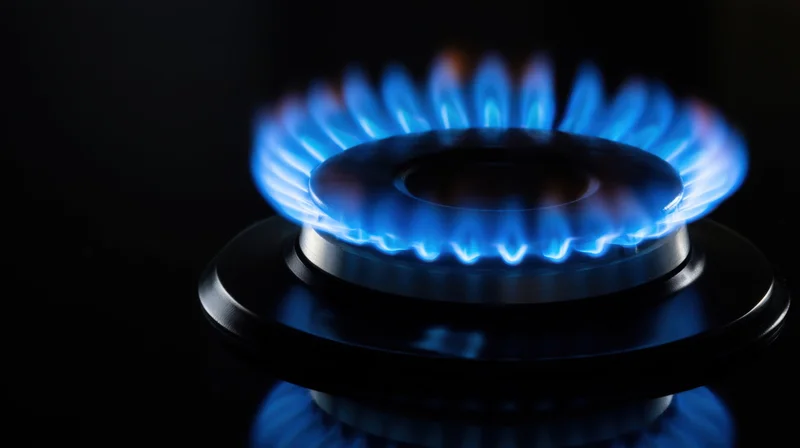Lit gas stove burner with blue flame on dark background