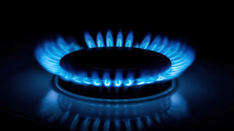 Blue flame burning on a gas stove burner in a dark kitchen setting