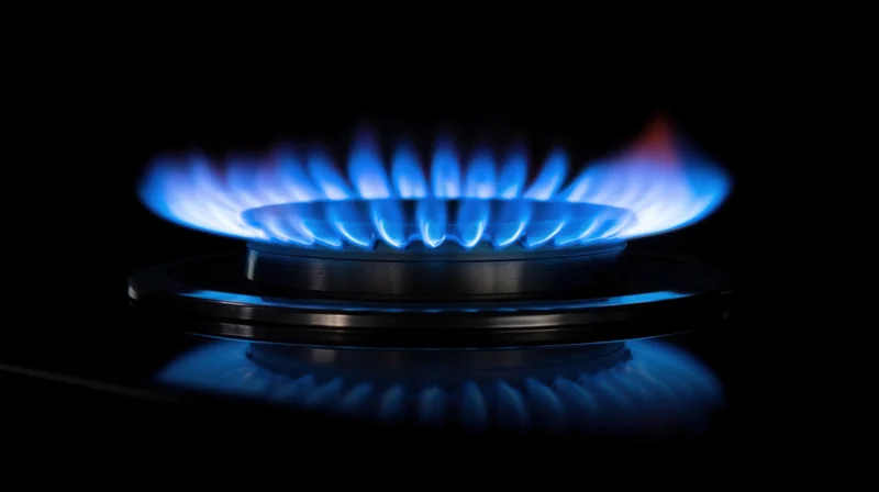 Blue flame burning on a gas stove burner in a dark setting