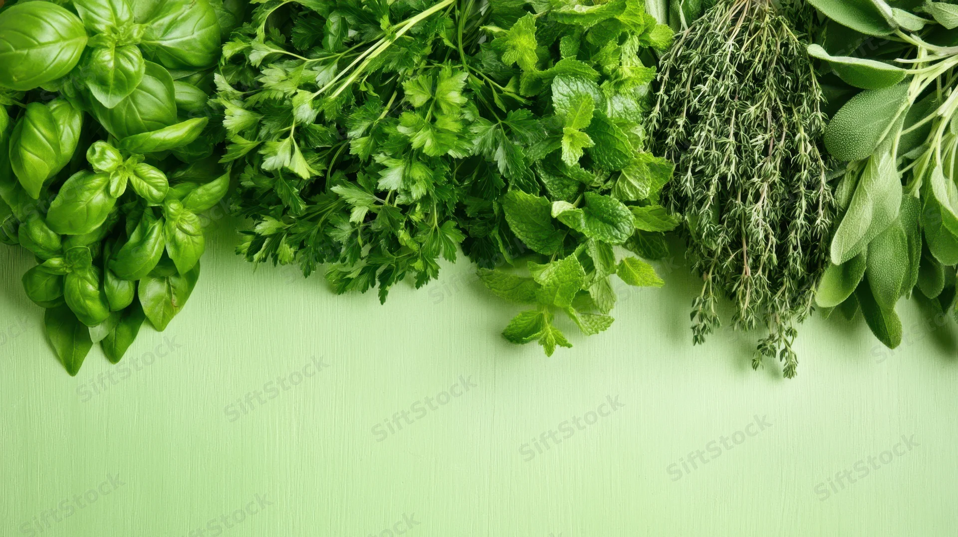 Fresh herbs arranged in a row on a green surface with copyspace below