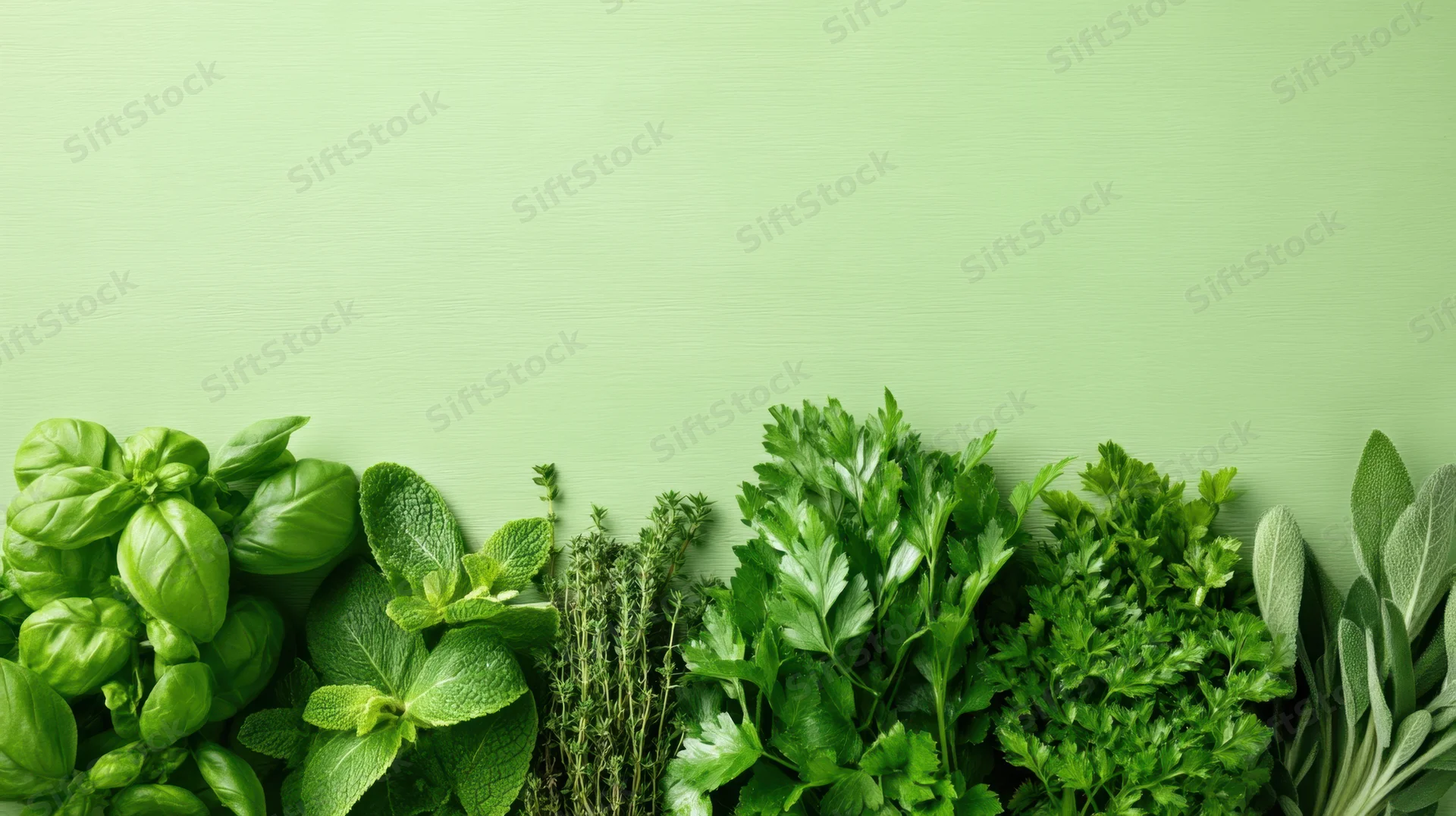 Fresh herbs arranged along the bottom of a green background with copyspace above
