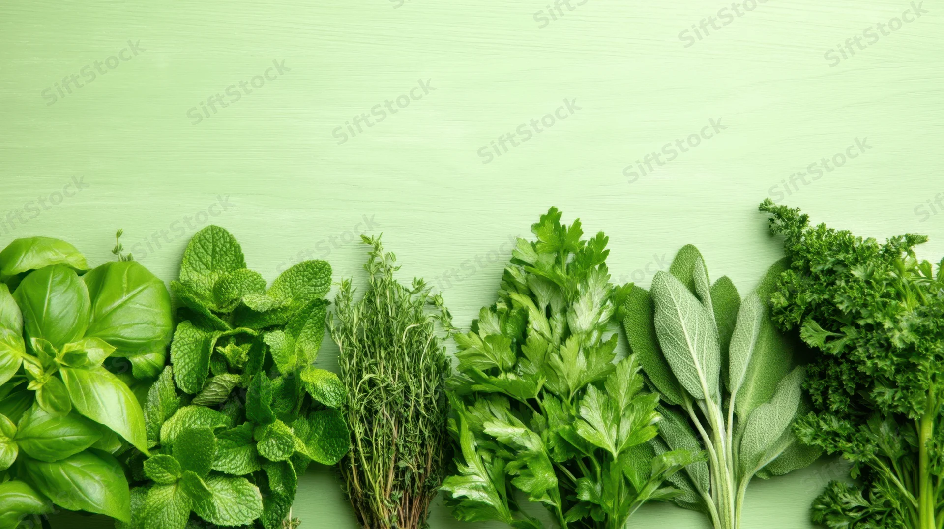 Fresh herbs arranged in a row on a green surface with copyspace above