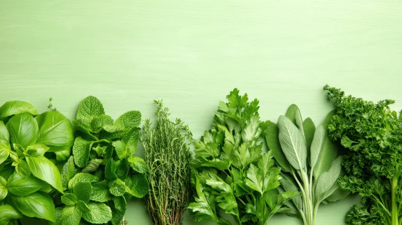 Fresh herbs arranged in a row on a green surface with copyspace above