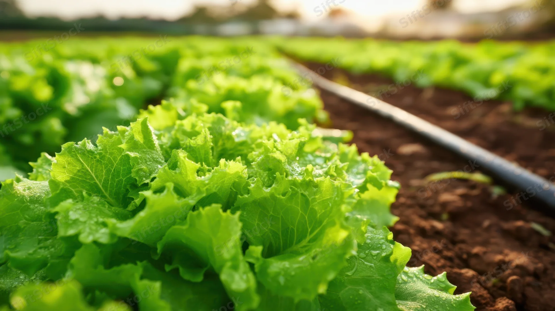 Rows of fresh green lettuce growing in a farm field with irrigation pipe alongside