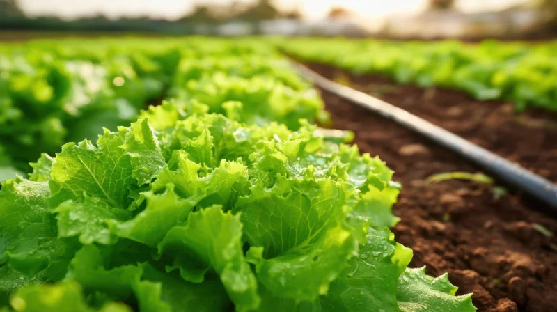 Rows of fresh green lettuce growing in a farm field with irrigation pipe alongside