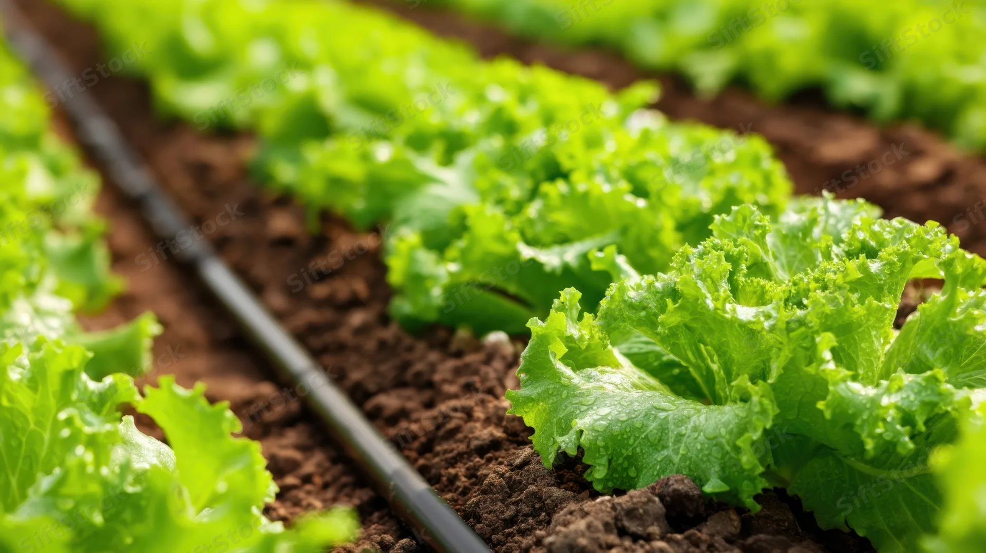 Rows of fresh green lettuce growing in soil with drip irrigation pipe alongside