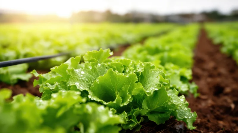 Rows of fresh lettuce growing in a farm field with irrigation lines and morning sunlight