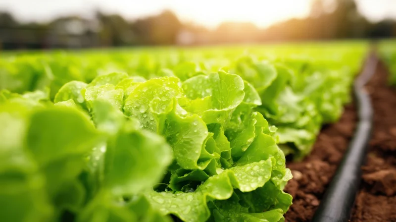 Rows of fresh green lettuce growing in a field with drip irrigation and morning dew on the leaves