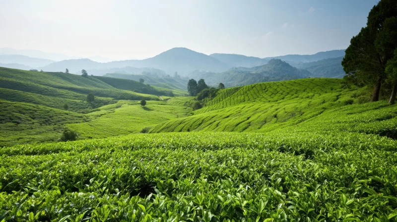 Rolling green tea fields stretching across hilly countryside under clear sky