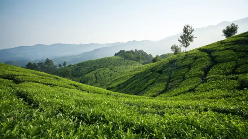 Terraced tea fields on rolling hills with mountain backdrop under clear sky