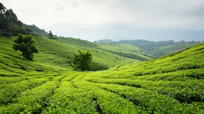 Terraced tea plantation on rolling green hills under overcast sky