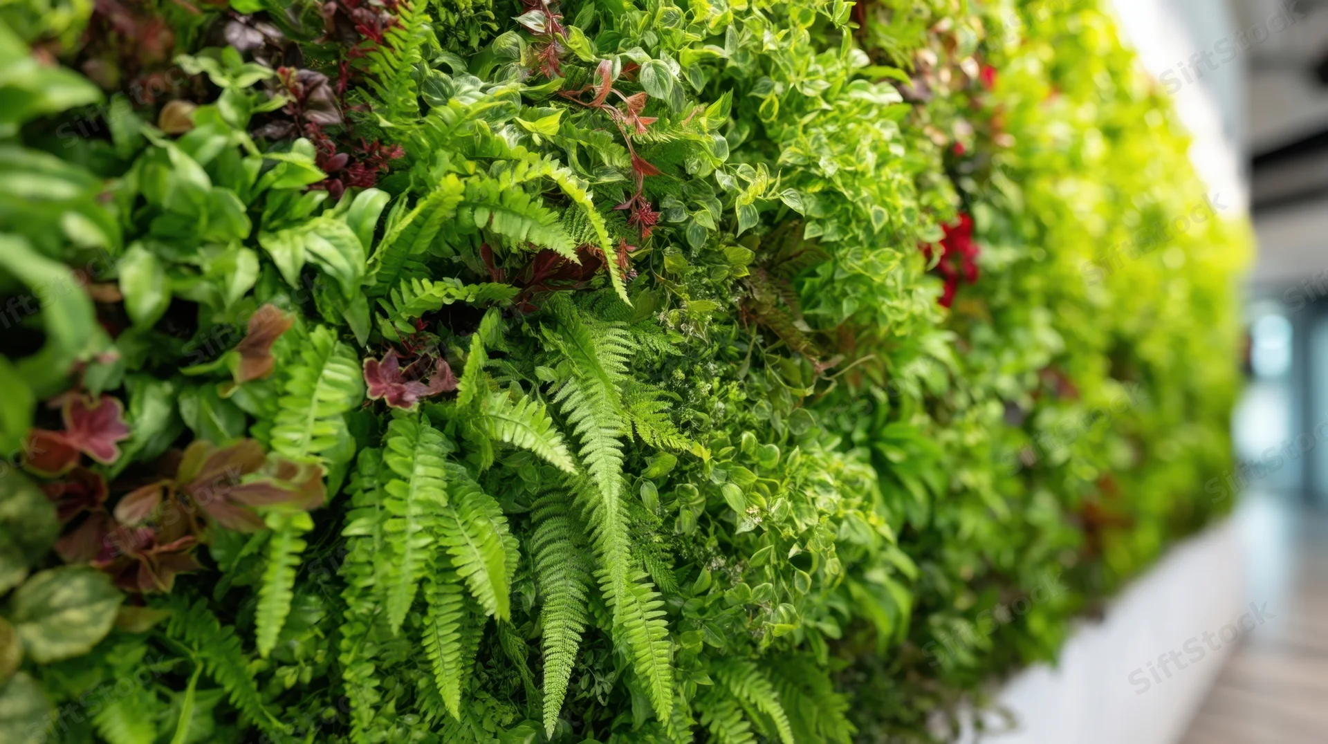 Lush green vertical garden with ferns and ivy on an indoor wall in a modern office space