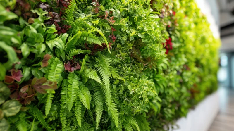 Lush green vertical garden with ferns and ivy on an indoor wall in a modern office space