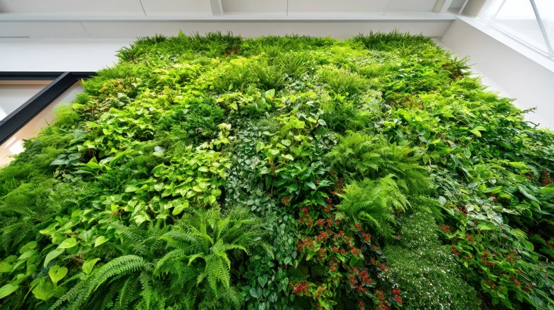 Lush green living wall covering interior space with diverse foliage and plants