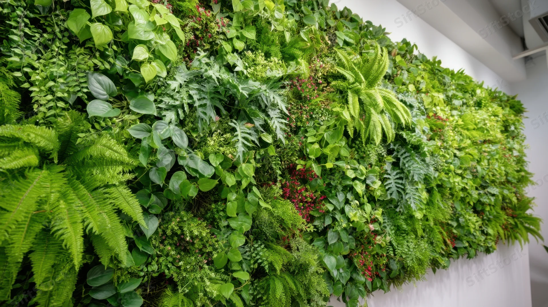 Lush green vertical garden covering an indoor wall with diverse foliage and ferns