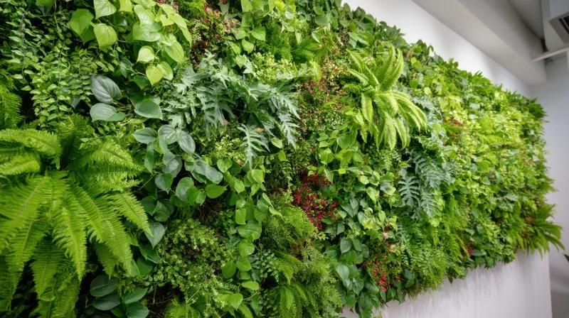 Lush green vertical garden covering an indoor wall with diverse foliage and ferns