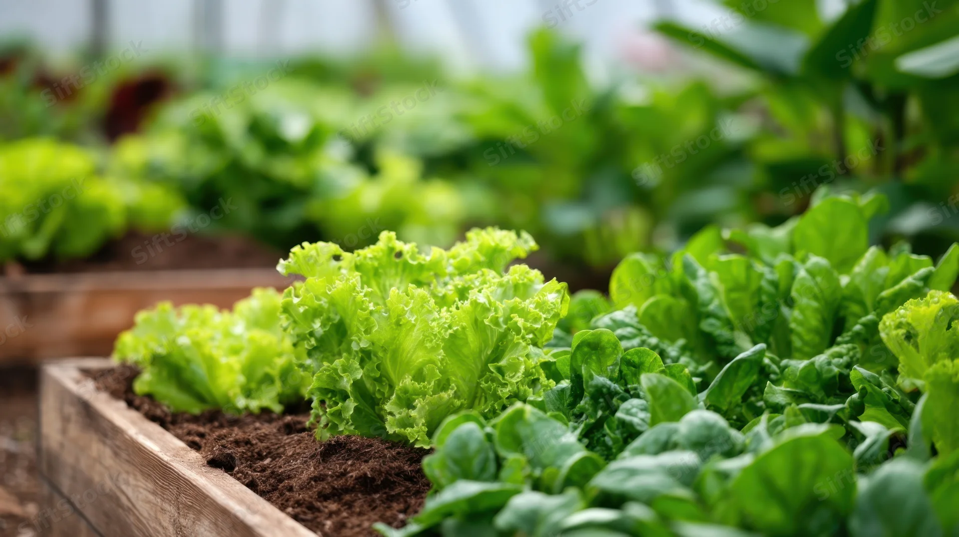 Rows of leafy green vegetables growing in wooden raised beds inside a greenhouse