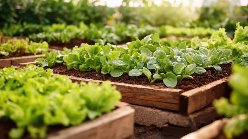 Rows of leafy green lettuce growing in wooden raised beds in a garden