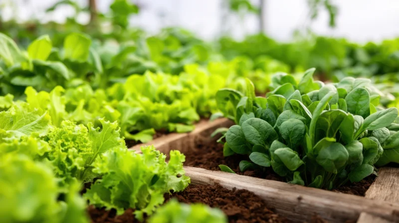 Rows of fresh lettuce and spinach growing in wooden raised beds filled with soil