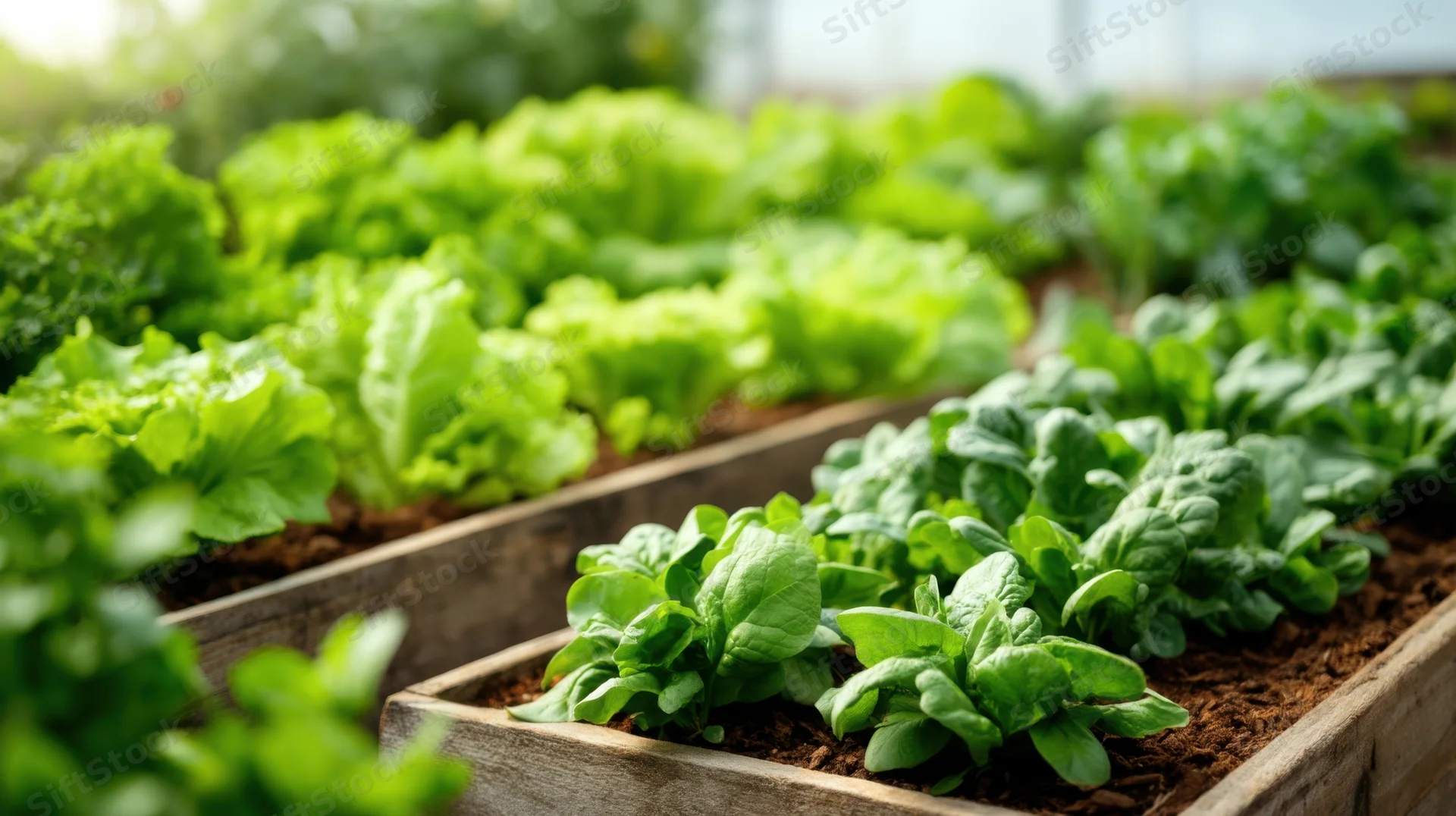 Rows of leafy green vegetables growing in wooden raised beds in a greenhouse