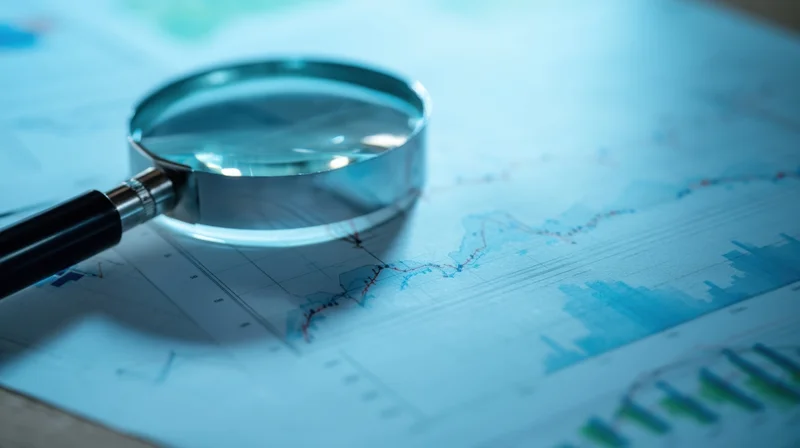 Magnifying glass resting on financial charts and graphs spread across a document in an office setting