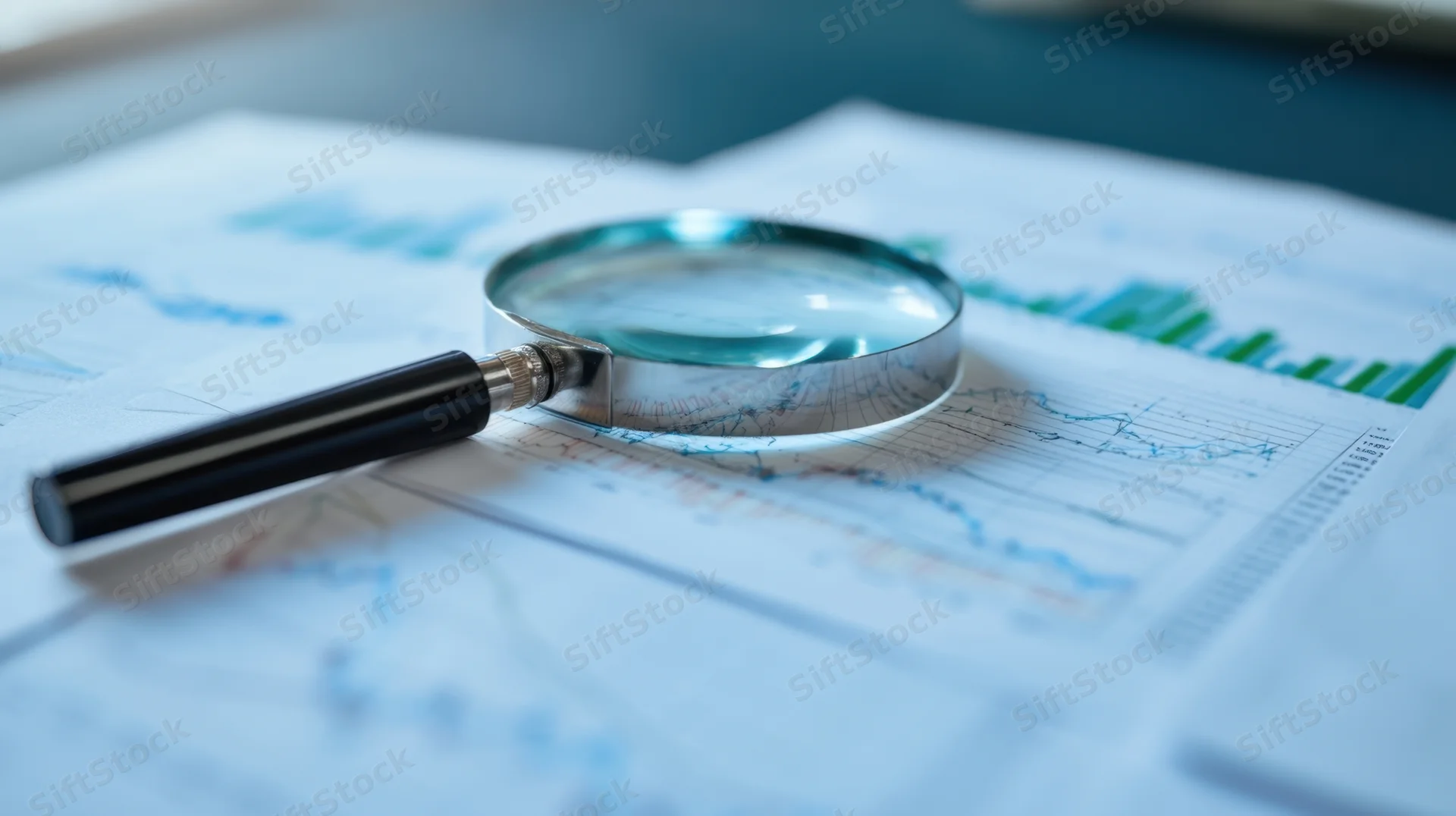 Magnifying glass resting on financial charts and graphs spread across a desk