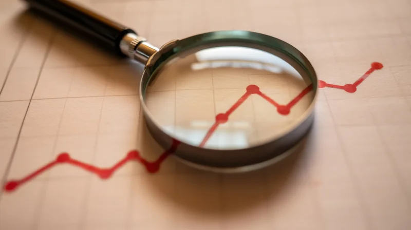 Magnifying glass over a red line graph on paper showing upward trend