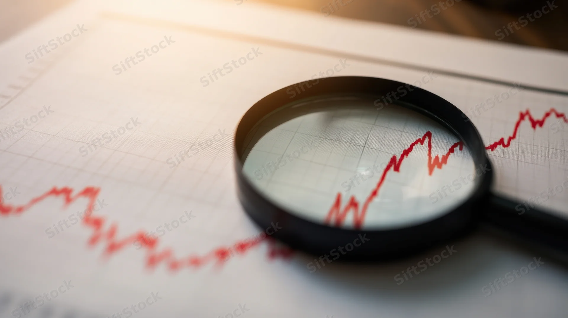 Magnifying glass over a red line graph on paper showing financial data