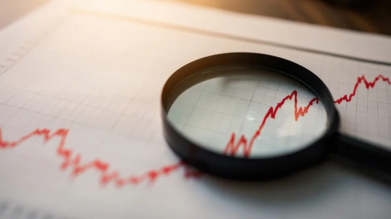 Magnifying glass over a red line graph on paper showing financial data