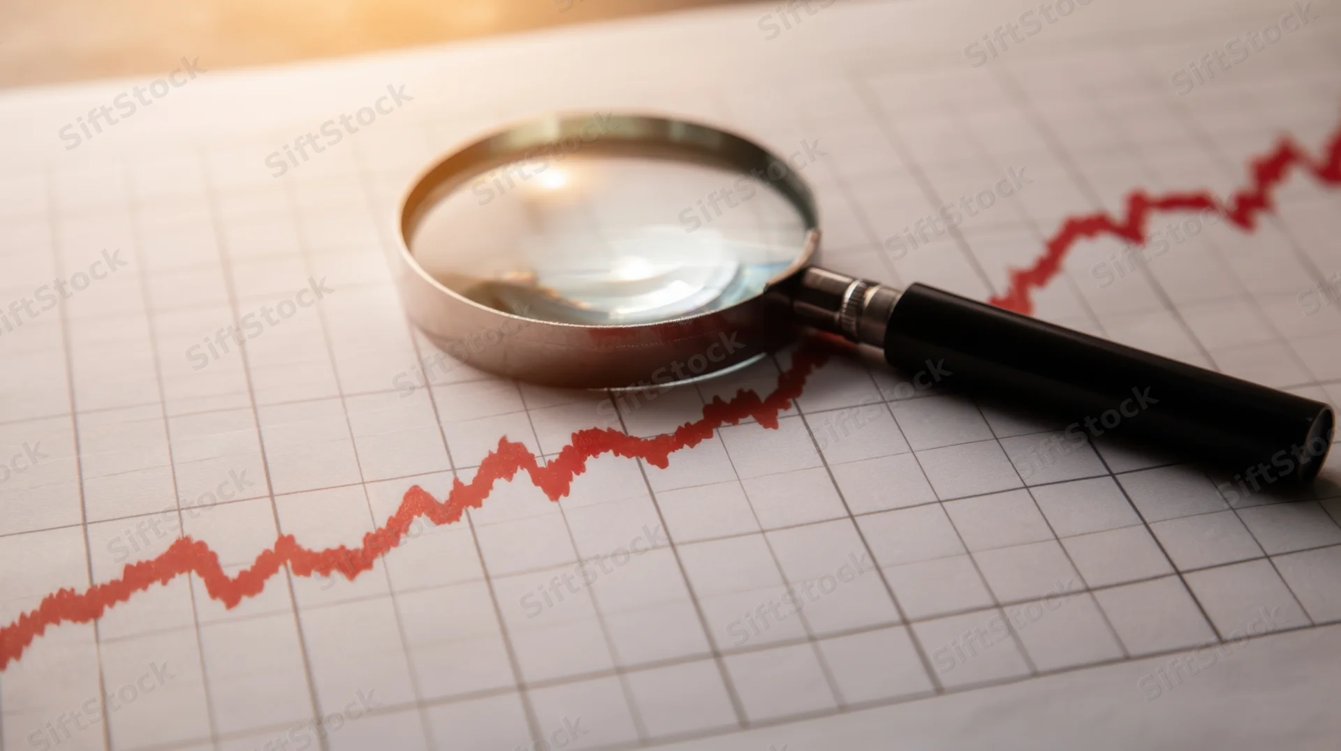 Magnifying glass resting on a red line graph showing upward trend on grid paper